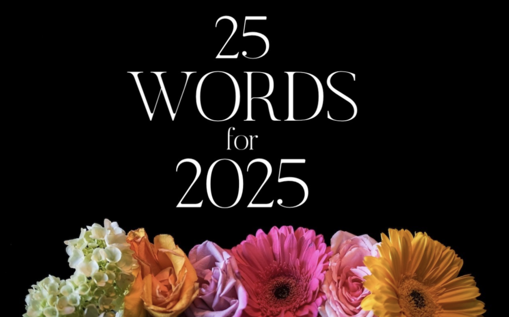 25 Words for 2025; Pretty Flowers on Black Background; Beauty